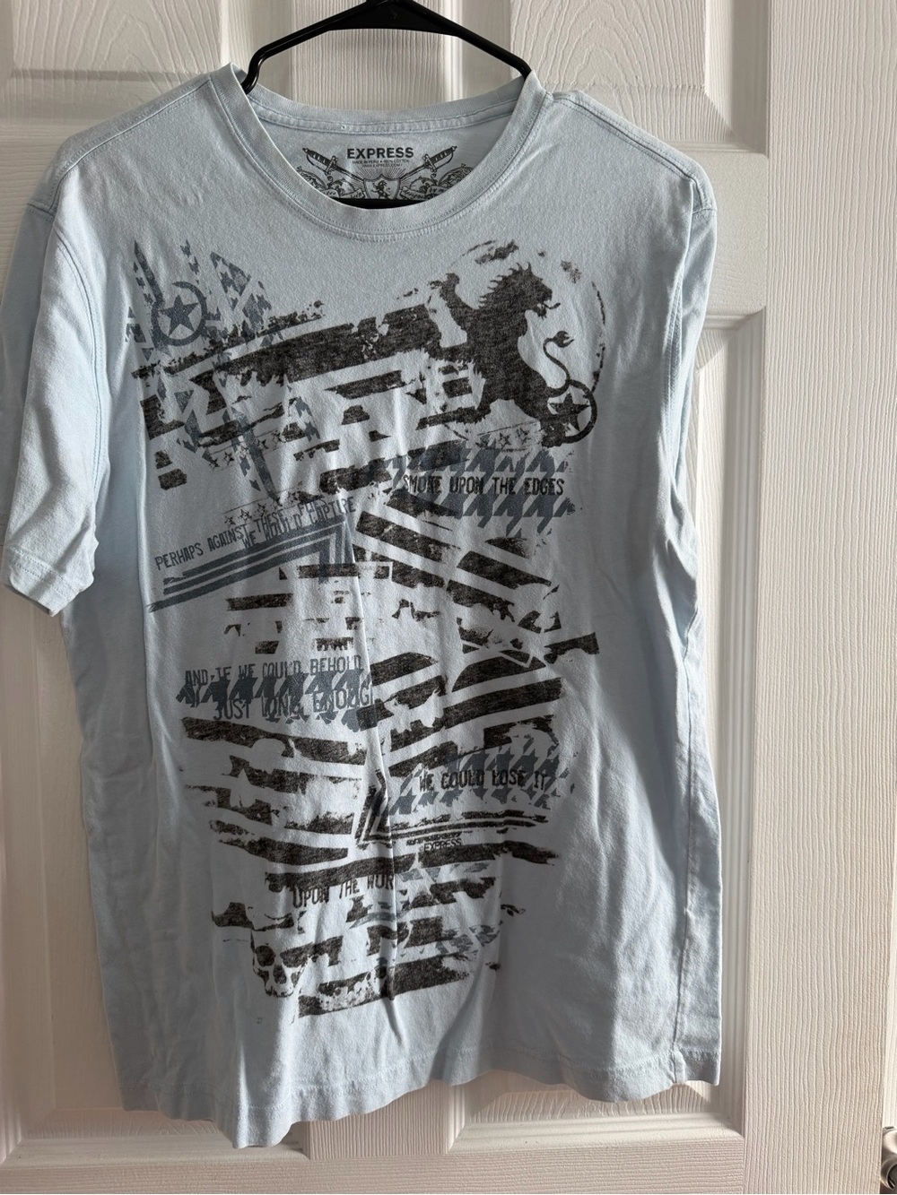 Express Light Blue Short Sleeve Graphic Tee with Black Distressed Print